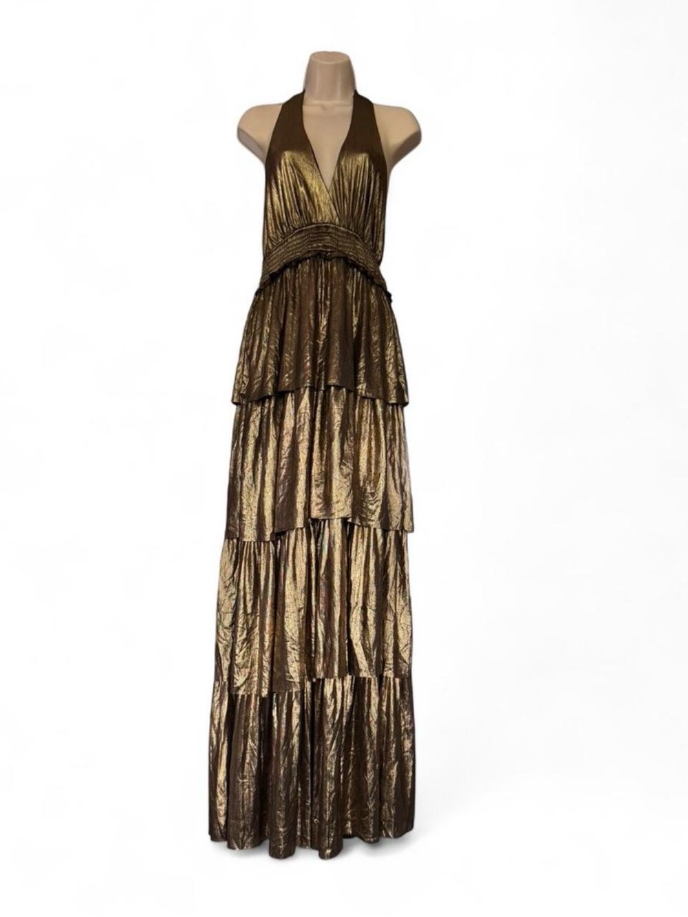 Flying Tomato Metallic Gold Halter Tiered Maxi Dress